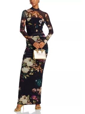 Black Halo Black Floral Mesh Long-Sleeve Maxi Dress